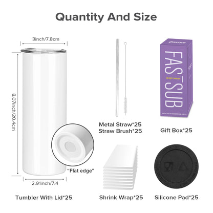 Sublimation Tumblers Blanks 20 oz 25 Pack Skinny Straight Tumblers Bulk Stainless Steel Insulated Sublimation Cups with Lid and