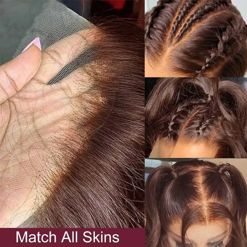 OKVOKV Chocolate Brown Color Body Wave 13x4 Transparent Lace Front Wigs 250% Density 30 32 Inch Human Hair Pre Plucked With Baby Hair For Women Body Wave HD Lace Front Wigs