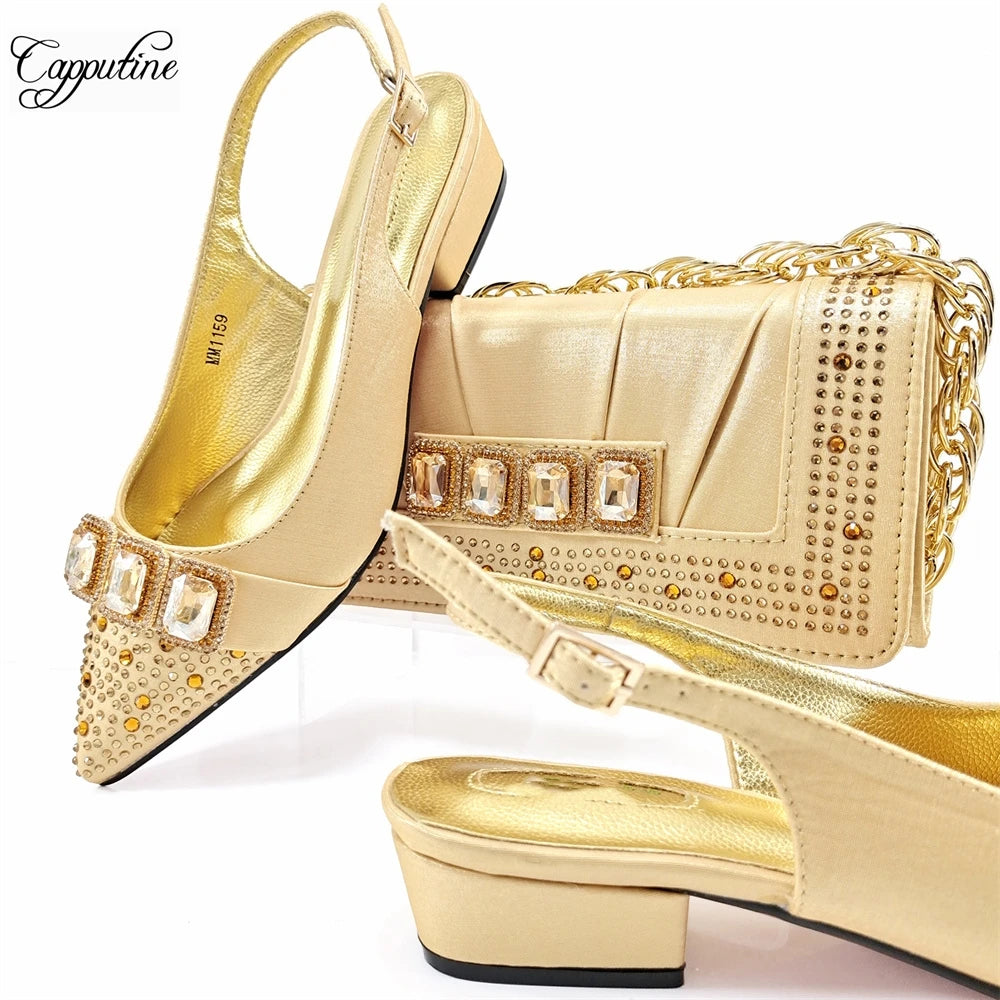 Peach Women Shoes And Bag Set Luxury African Ladies Sandals Match With Handbag Clutch Medium Heels Pumps Sandales Femmes MM1159