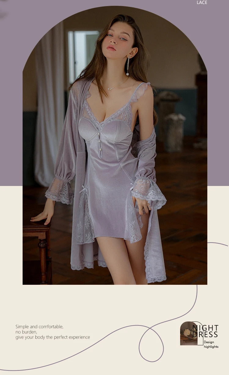 REBEYULI Sexy Sleepwear Women Deep V Solid Lace Velvet Mini Dress with Chest Pad Sweet Fly Sleeves Casual Robe Gown Set Women