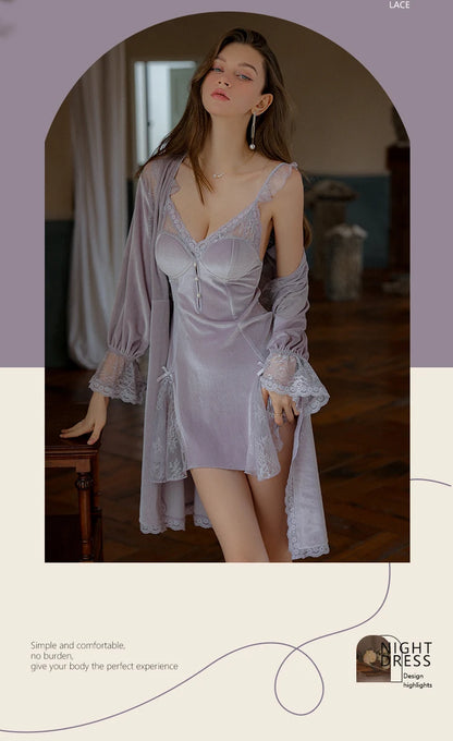 REBEYULI Sexy Sleepwear Women Deep V Solid Lace Velvet Mini Dress with Chest Pad Sweet Fly Sleeves Casual Robe Gown Set Women
