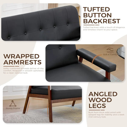 Black Leather Love seat Sofa and Accent Chairs, Mid-Century Modern Office Furniture LoveSeat Couch and Chair Set, Customized