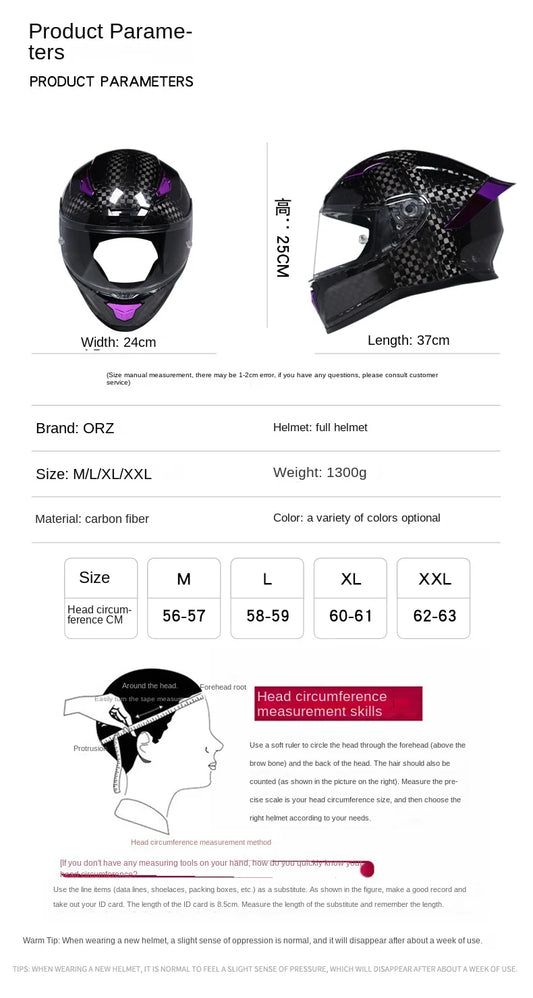 ORZ Carbon Fiber Motorcycle Helmet Four Seasons Full Face DOT Approved Unisex