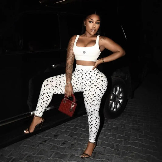 Sexy Women Two Piece Set Slim Fit Vest Pants Y2K Fashion High Street Retro Crescent Print Matching Outfit