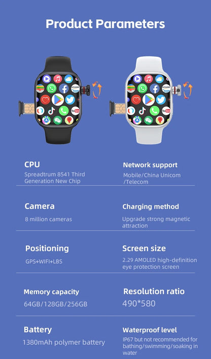 CD99 watch X 5G smartwatch 2.29inch AMOLED 5G LTE smart watch with 180 ° rotary camera GPS WiFi SIM card slot health monitoring