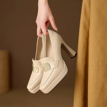 【JOCHEBED HU】Brand Genuine Leather Platform Shoes for Ladies Square Toes Women's Sewing Lines High Heels Leather