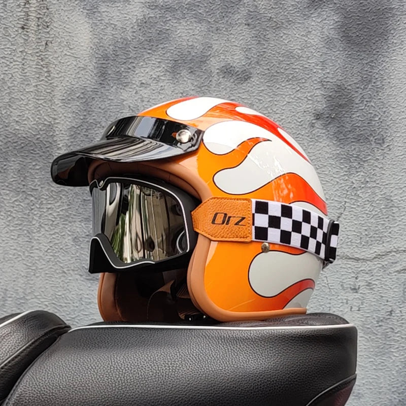 ORZ Retro Half Open Motorcycle Helmet Retro Cruising 3/4 Couple Helmet Coffee Shop Motorcycle Hat