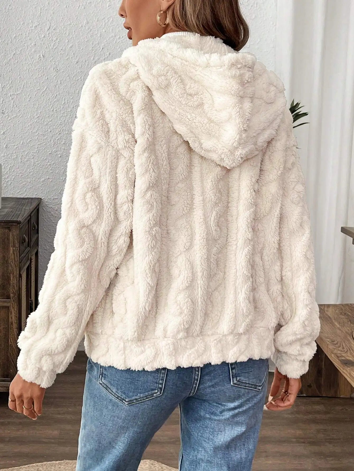 VigoCasey 2025 Women Autumn White Zipper Jacket White Long Sleeve Thick Plush Warm Coat Loose Winter Soft Lady Short Hooded Coat