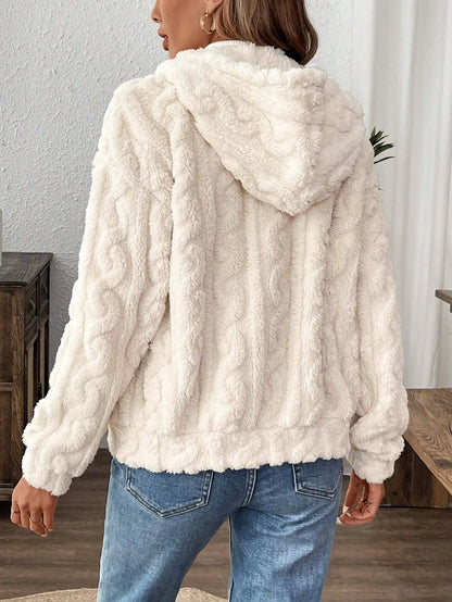 VigoCasey 2025 Women Autumn White Zipper Jacket White Long Sleeve Thick Plush Warm Coat Loose Winter Soft Lady Short Hooded Coat