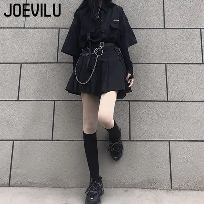 Gothic Skirt Set Loose Shirt Pleated Mini Skirts 2 Piece Sets Korean Retro Casual Outfits Women Spring Summer Aesthetic Y2k Suit