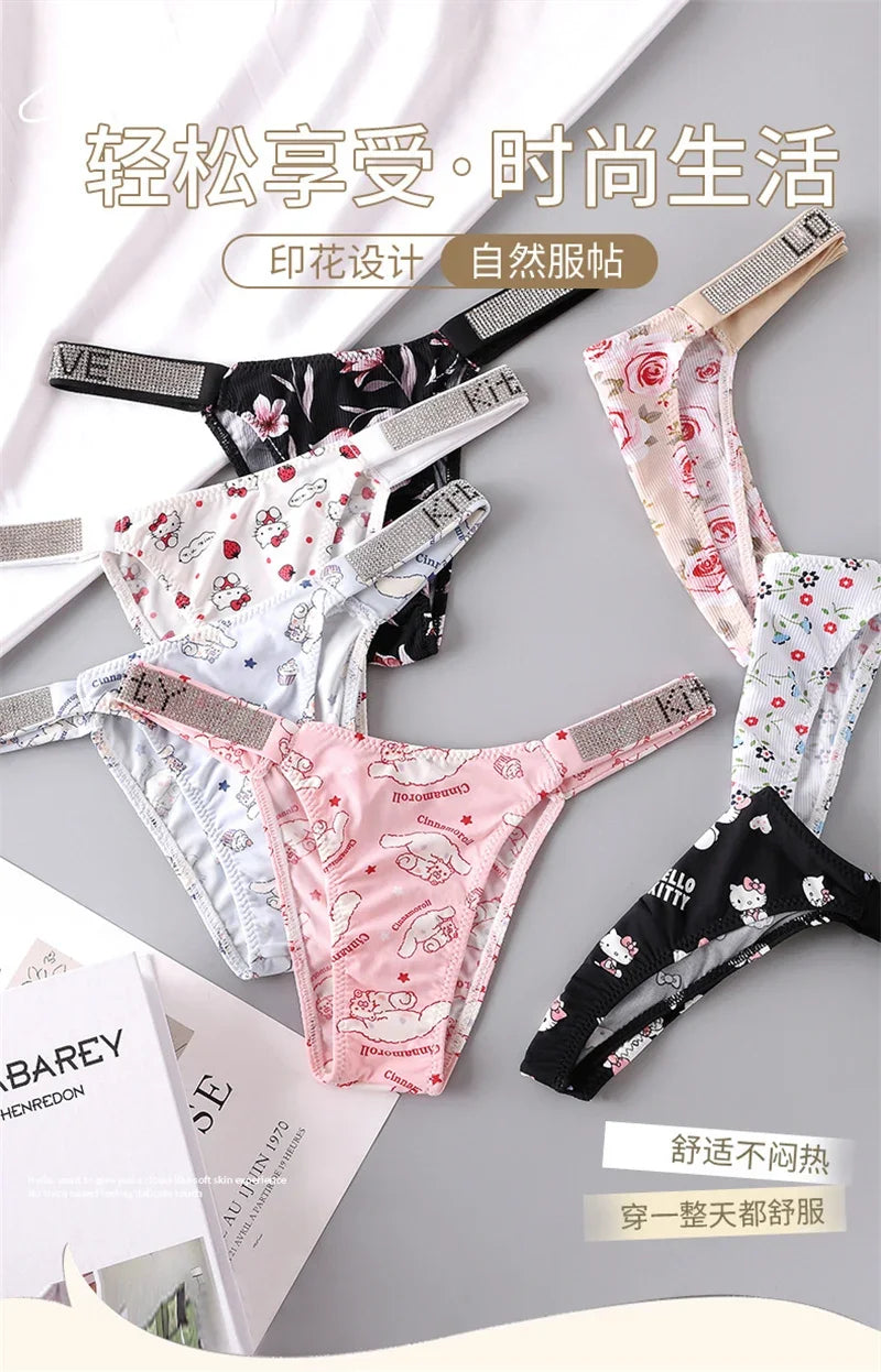 Sexy Thong Hello Kitty Panties Kawaii Cute Cartoon Underwear Women Ice Silk Briefs Girl Gift Underpants
