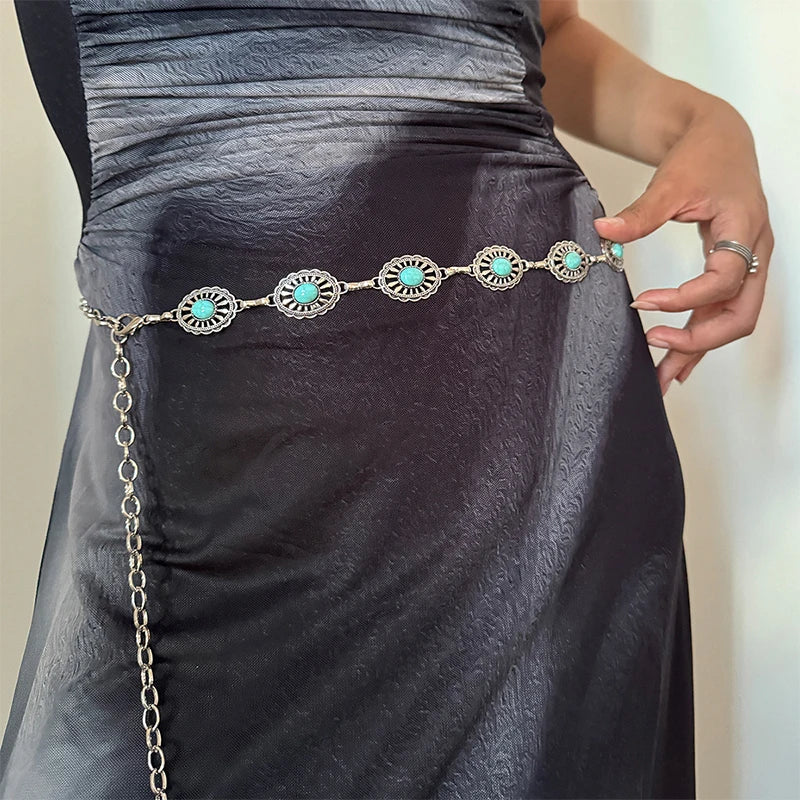 Fashion Silver Bohemian female circular waist chain luxury blue gemstone Ellipse chain belts for women suitable for Skirts dress