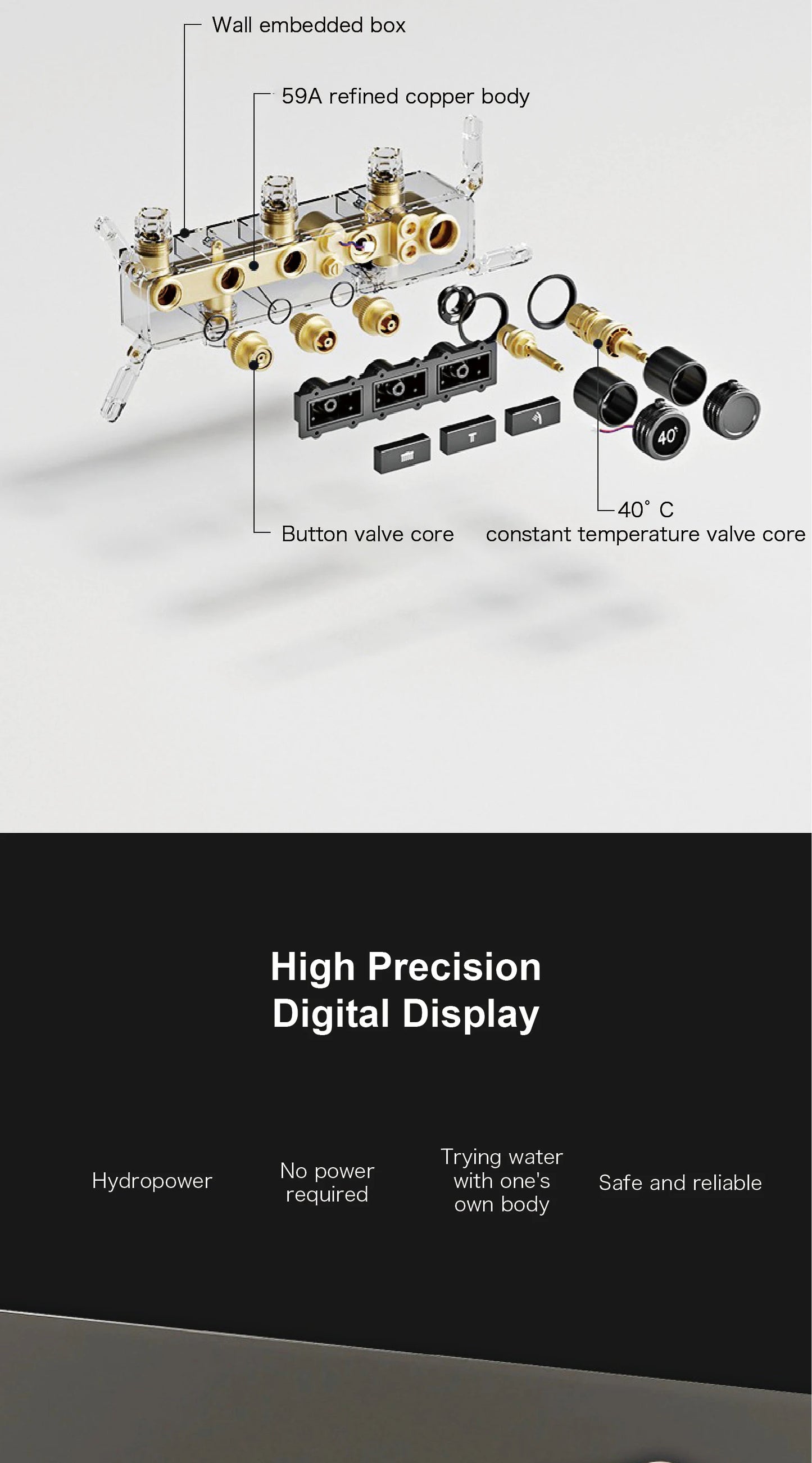 Luxury brass gun gray wall mounted shower system, wall mounted design with constant temperature LED digital display bathroom Tap