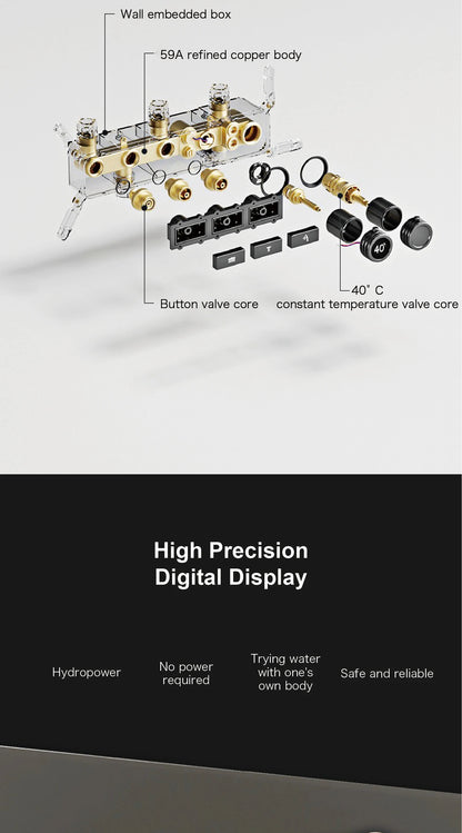 Luxury brass gun gray wall mounted shower system, wall mounted design with constant temperature LED digital display bathroom Tap