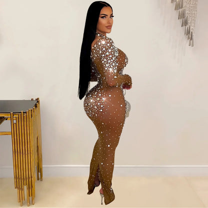 Party Dress Women Floor Length Dresses Vestidos Hot Drilling Evening Bodycon Square Collar Prom High Waist Evening Night 2025