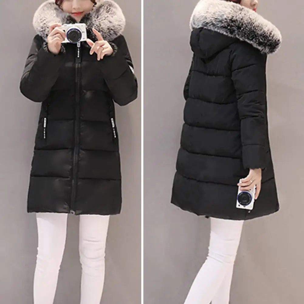 2025 Women Winter Cotton Coat Thickened Padded Stuffed Hooded Mid Length Warm Winter Coat Solid Color Slim Fit Lady Down Coat