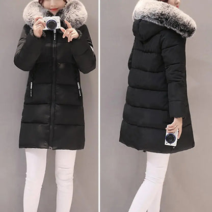 2025 Women Winter Cotton Coat Thickened Padded Stuffed Hooded Mid Length Warm Winter Coat Solid Color Slim Fit Lady Down Coat