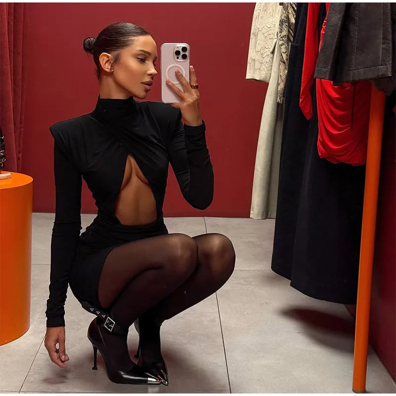Sexy Hollow-out Pleated Mini Dress Women Fashion Solid Half High Collar Long Sleeve Slim Dresses 2025 Lady Party Club Robes
