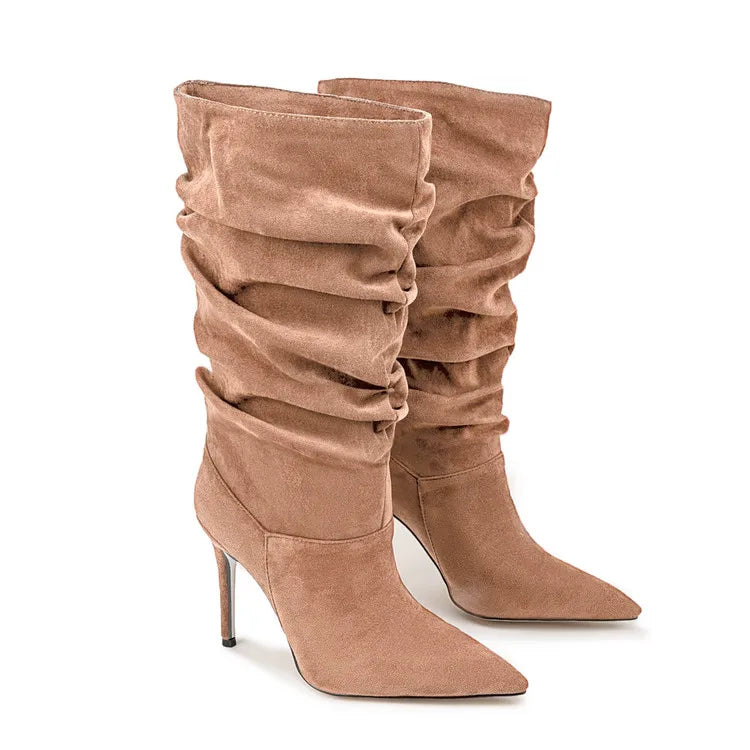 2025Women's Autumn and Winter New Pleated High-heeled Short Boots with Pointed Sleeves, Women's 35-47 Large Mid Length Boots