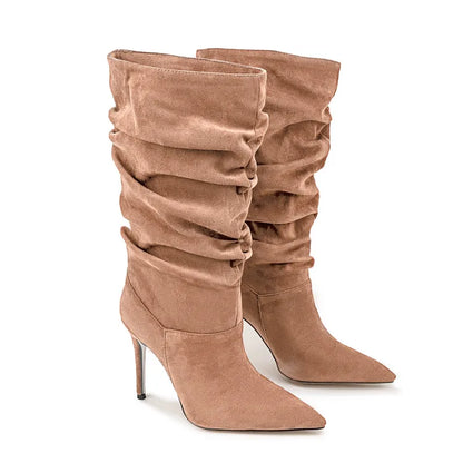 2025Women's Autumn and Winter New Pleated High-heeled Short Boots with Pointed Sleeves, Women's 35-47 Large Mid Length Boots