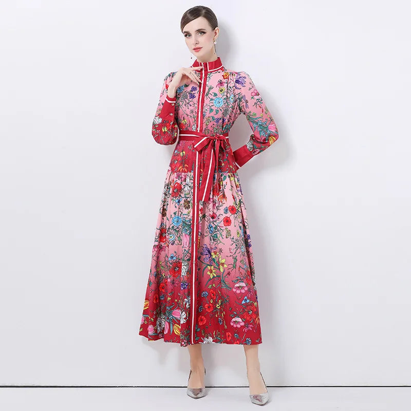 JAMERARY Runway Design Fashion Floral Print Elegant Summer Pleated Midi Long Dress Shirt Street Casual Lady Office Work Dresses