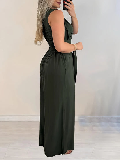 Wide-leg jumpsuit with V-neck, gathered back waist, tie-front, solid color women's pants