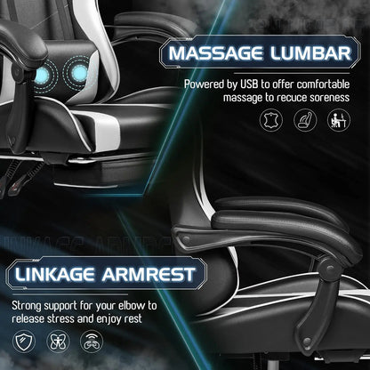 Gaming Chair, Video Game Chair with Footrest and Massage Lumbar Support, Ergonomic Computer Chair Height Adjustable, Customized