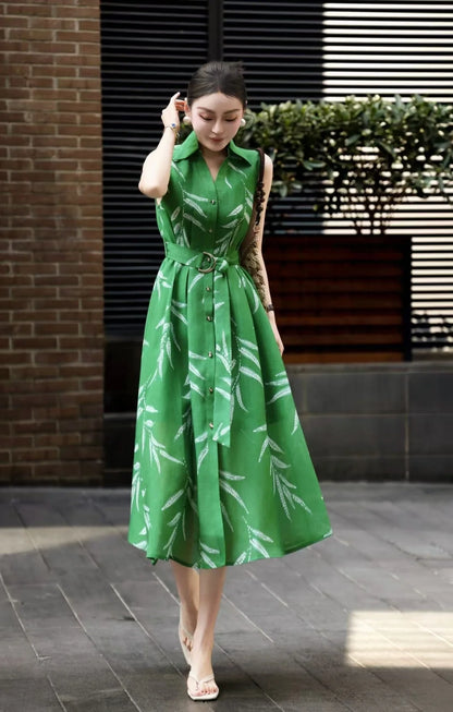 ZJYT New Summer Women's Sleeveless Green Dress Elegant Print Single Breasted Casual Holiday Midi Dresses Vestidos Female Clothes