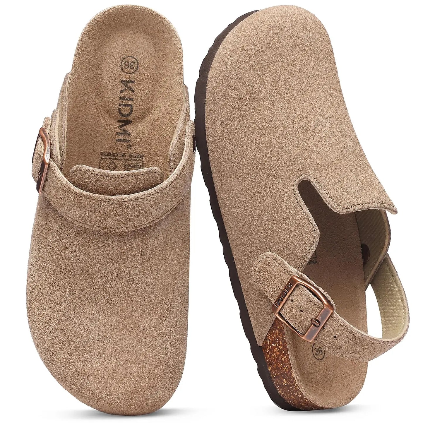 Crestar Women's Suede Clogs Lady Fashion Buckle Leather Mules Comfort Cork Footbed Potato Shoes with Arch Support Beach Sandal