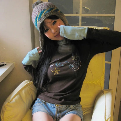 Karrram Japanese Y2k Turtleneck T-shirt Grunge Aesthetics Patchwork Tops Vintage Diamond Print Long Sleeve Tshirt Harajuku 2000s