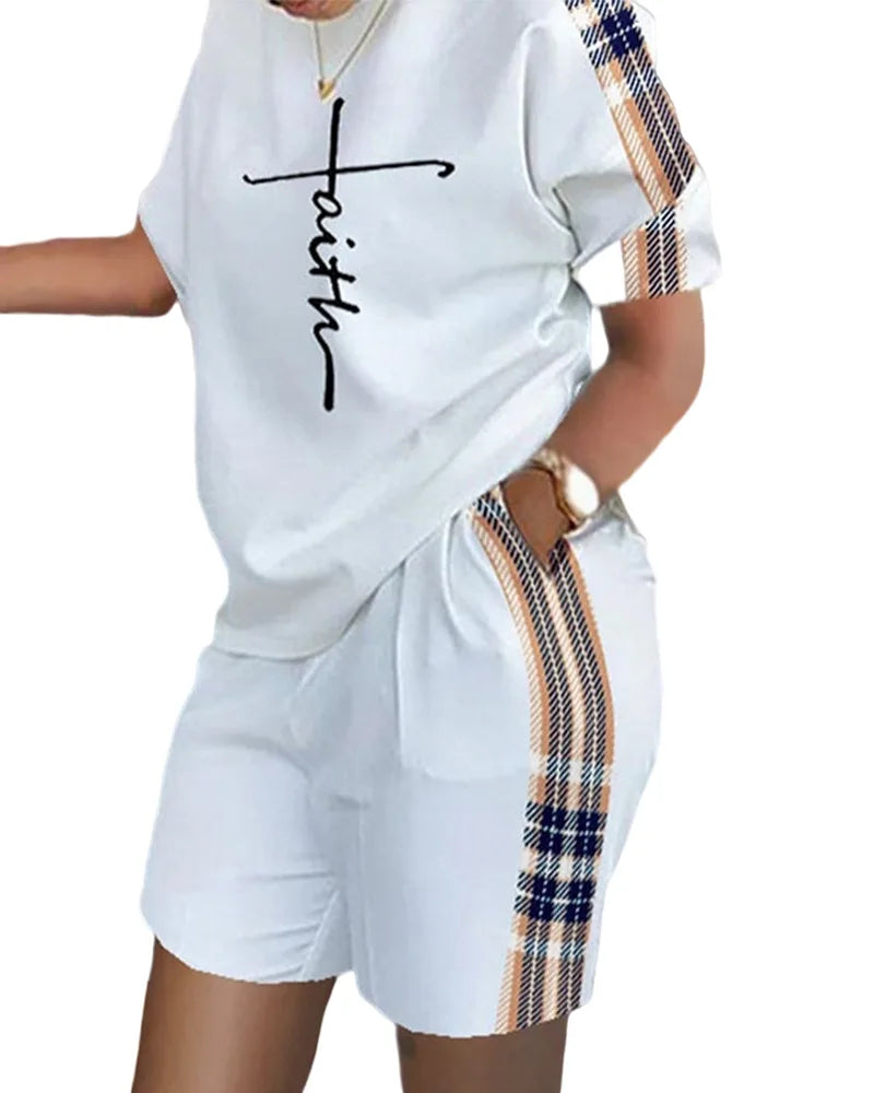 Ladies Casual Summer Two Piece Sets Printed Shorts Sets Women Round Neck Short Sleeve T Shirts Pullover High Waist Trousers Suit