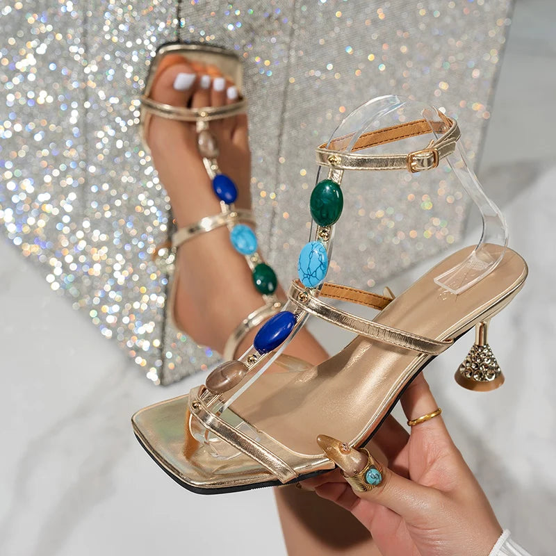 Luxury Gem Gold High Heel Gladiator Sandals Women Summer 2026 Elegant Square Toe Ankle Strap Sandals Lady Bohemia Vacation Shoes