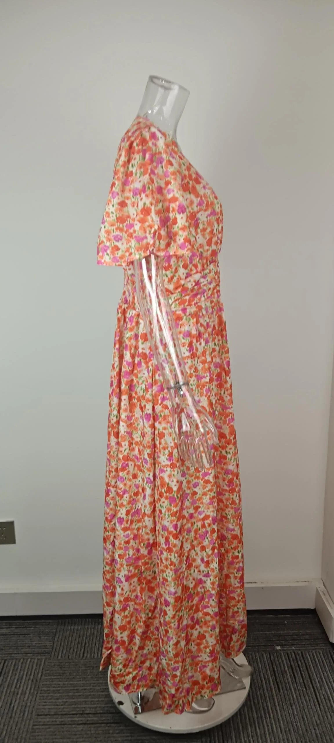 Summer Women Floral Print Casual Long Dress Fashion V Neck Short Sleeve Elegant Office Female Beach Party Maxi Dresses Robe