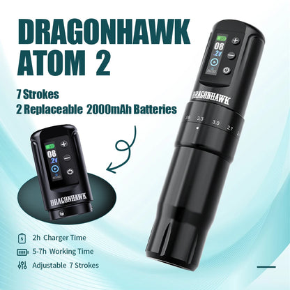 Dragonhawk Wireless Tattoo Machine 7 Strokes Length Power By Mcore-A3 Wireless Wire Battery RCA  Pen Rotary Gun Supplies