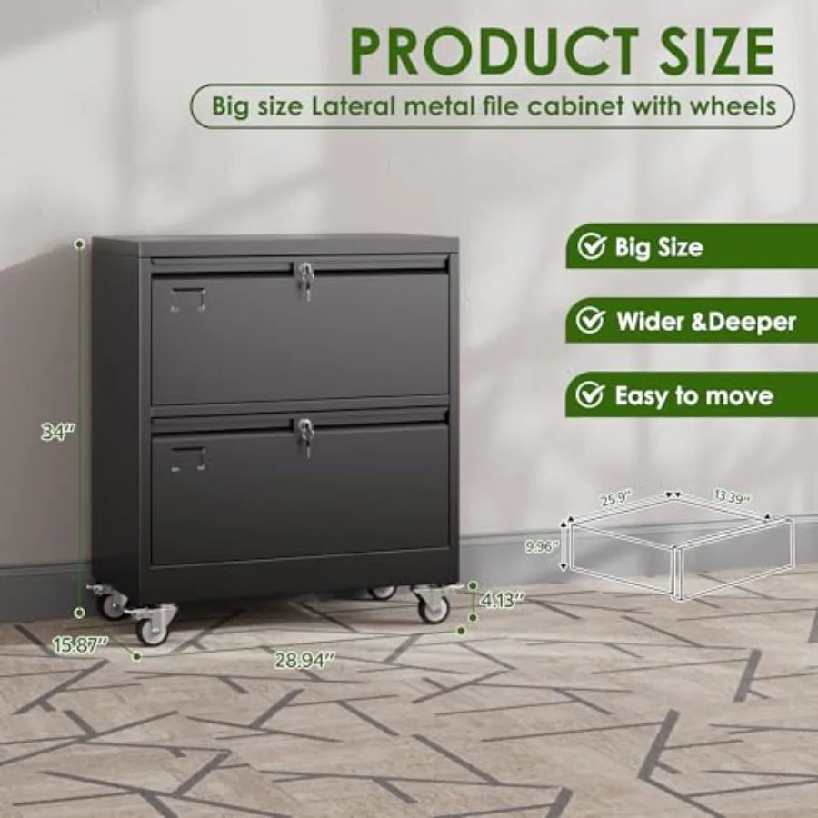 2 Drawer Lateral File Cabinet with Wheels Lockable Metal Filing Cabinet for Home Office Legal/Letter Size Black Required Assemb