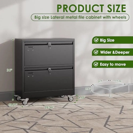 2 Drawer Lateral File Cabinet with Wheels Lockable Metal Filing Cabinet for Home Office Legal/Letter Size Black Required Assemb