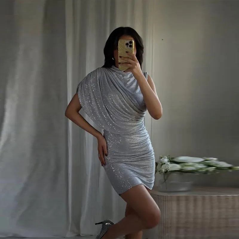 Sexy Sequined Short Dress Women V Neck Pleated Waist-cinched Empire Hip Package Dresses 2026 Spring Chic Party Evening Robe Lady