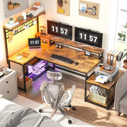 Rustic Brown L-Shaped Gaming Desk with LED & Power Outlets, Reversible Corner Desk with Storage and Hooks,Home Office Customized