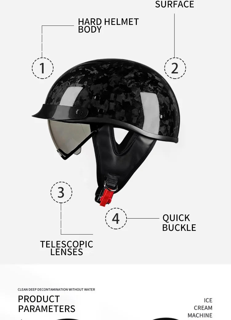   Best Seller Carbon Fiber Retro Motorcycle Half Face Helmet with Comfortable Lining Protective Goggles Helmet Factory Wholesale