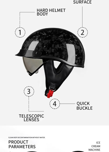    Best Seller Carbon Fiber Retro Motorcycle Half Face Helmet with Comfortable Lining Protective Goggles Helmet Factory Wholesale