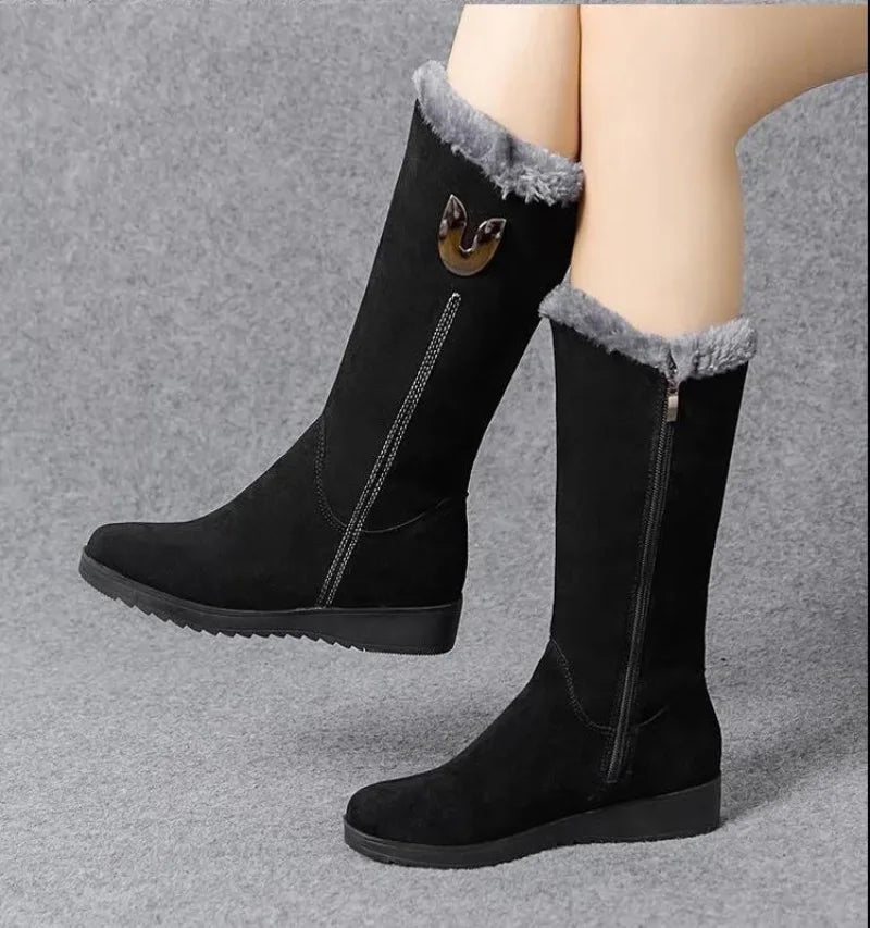 2025 New Women's Boots Fashion Mid-calf Boots Plush Warm Snow Boot Wedge Platform Boots for Women Winter Cotton Boot Botas Mujer