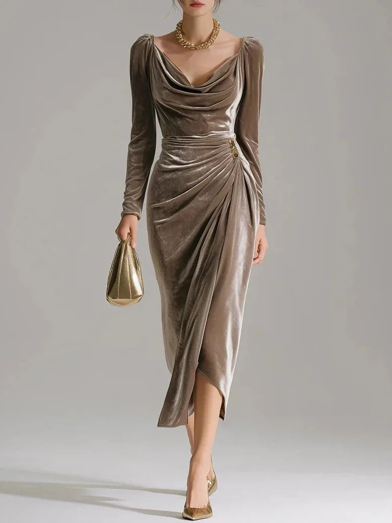 2025 European and American Women's Casual Gold Velvet Sexy New Long-Sleeve Slim Pleated Long Split Bodycon Dress