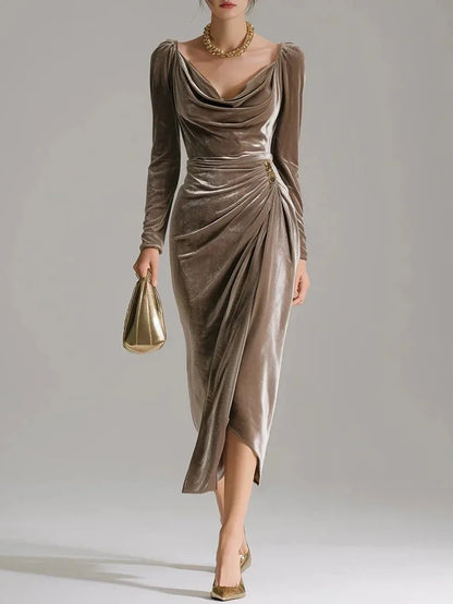 2025 European and American Women's Casual Gold Velvet Sexy New Long-Sleeve Slim Pleated Long Split Bodycon Dress