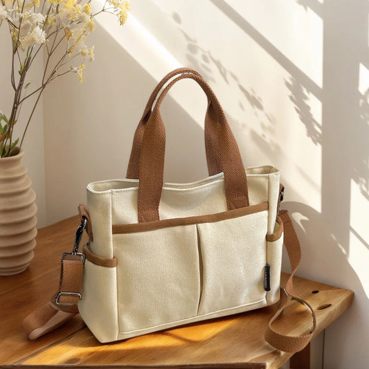 Multiple Pockets Women's Canvas Bag Tote Shoulder Bag Large Capacity Casual Handbag For Female