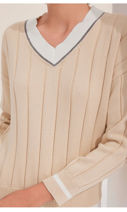 BY4521246 Women's Luxurious V-Neck Long Sleeve Sweater 100% Cotton Casual Knitted Pullover Fall Winter 2025