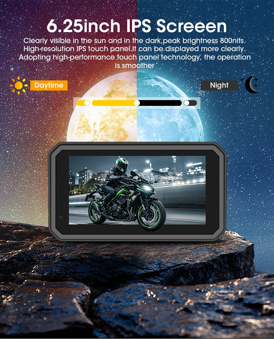 JMCQ Portable 6.25 inch Motorcycle GPS Navigation IPX7 Waterproof Wireless CarPlay Android Auto Drive Recorder Support 4K DVR