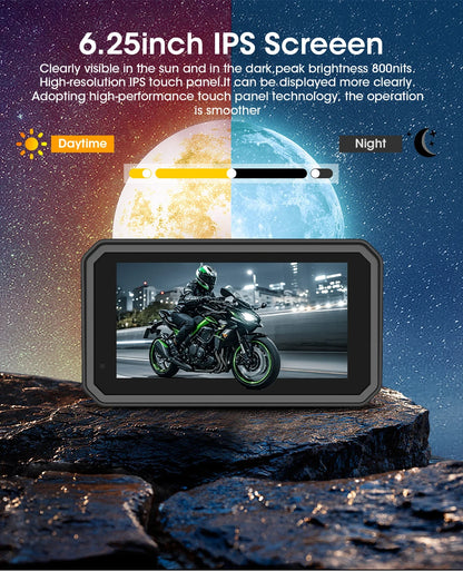 JMCQ Portable 6.25 inch Motorcycle GPS Navigation IPX7 Waterproof Wireless CarPlay Android Auto Drive Recorder Support 4K DVR