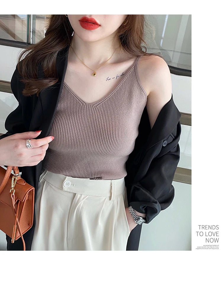 Korea Summer Tops 2026 New Solid V-Neck Elastic Knitted Suspender Camis Women's Tanks Clothing Basics Shirt