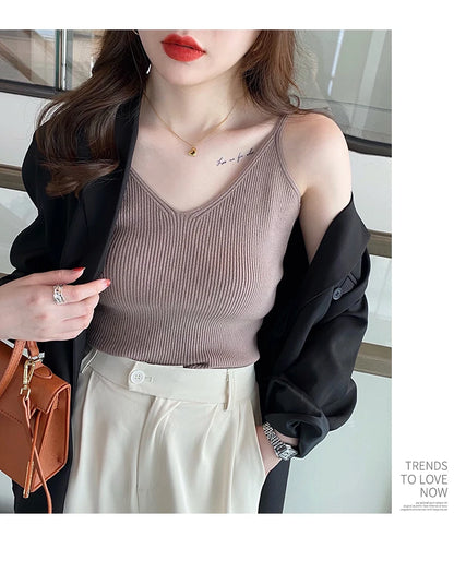 Korea Summer Tops 2026 New Solid V-Neck Elastic Knitted Suspender Camis Women's Tanks Clothing Basics Shirt