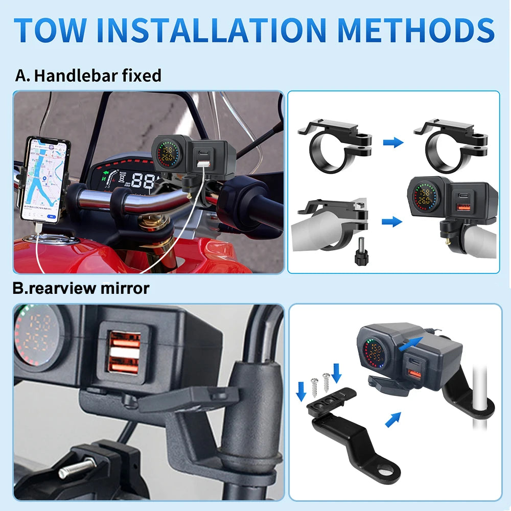 60W Dual USB Socket Motorcycle Handlebar & Rear Mirror Waterproof Fast Charger Phone Power Adapter Digital Voltmeter Thermometer